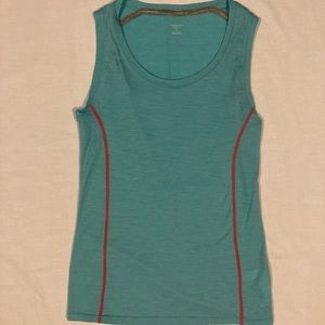 Icebreaker Aero Tank Top. Sustainable Merino. Blue/green with pink seams. Small